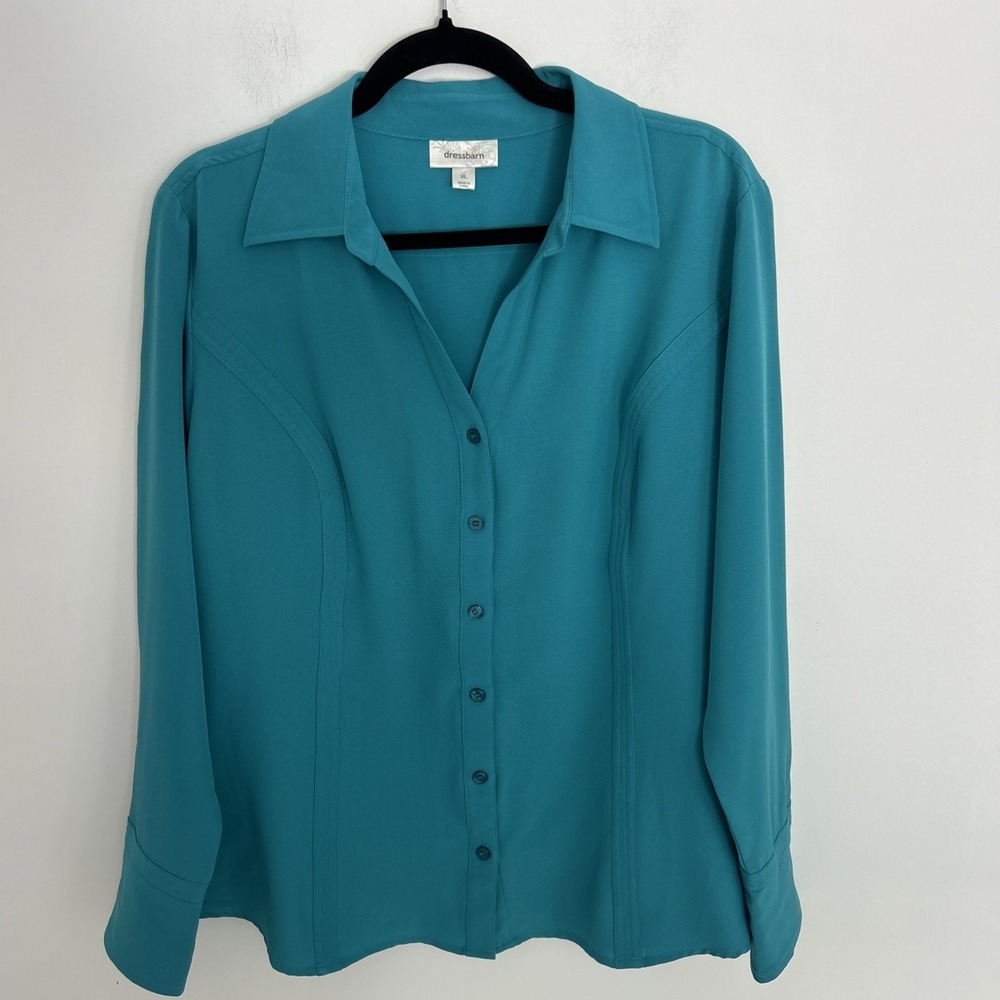 Dress Barn XL Classic V-Neck Collar Button Up Long Sleeve Turquoise Blouse